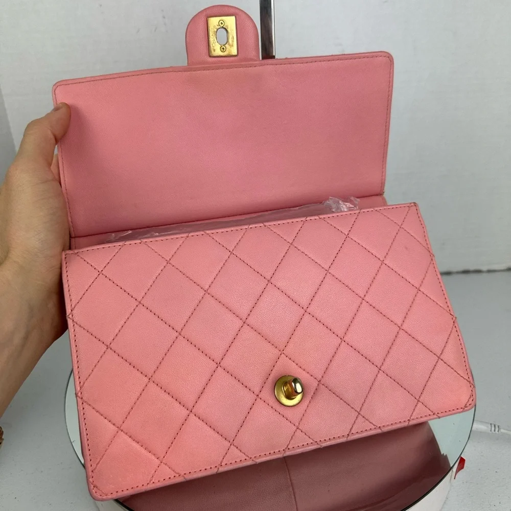CHANEL Pink Quilted Lambskin Flap Bag with Pearl-Accented Chain
